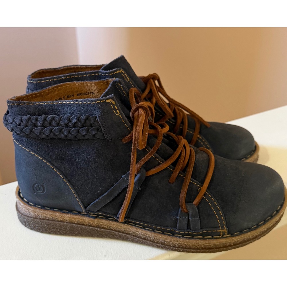 Born Blue Suede Ankle Boots Women's 9M Lace Up Braided Leather Distressed